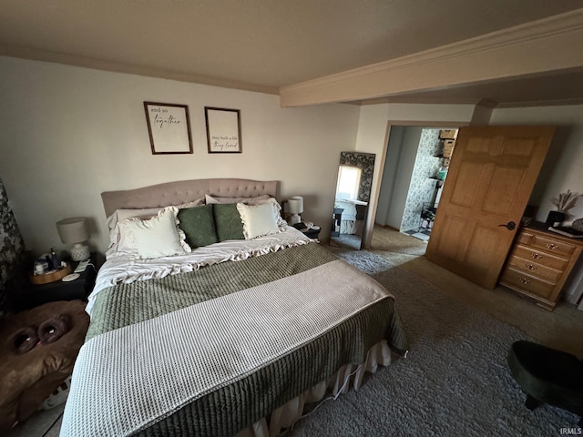 carpeted bedroom with crown molding