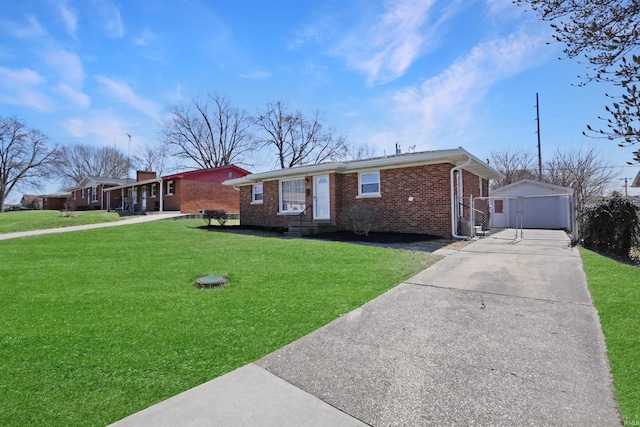 ranch-style house with entry steps, an outbuilding, brick siding, and a front yard