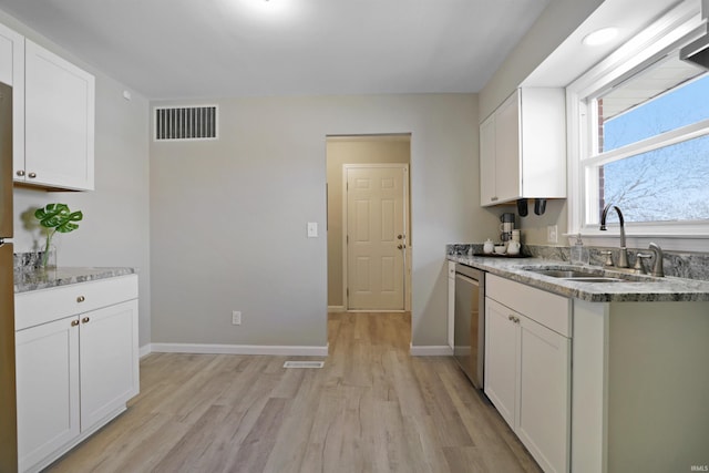 kitchen featuring a sink, visible vents, light stone countertops, and dishwasher