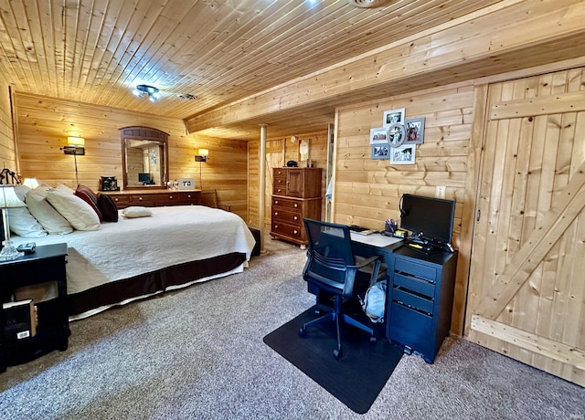 bedroom with wood ceiling, wood walls, and carpet floors