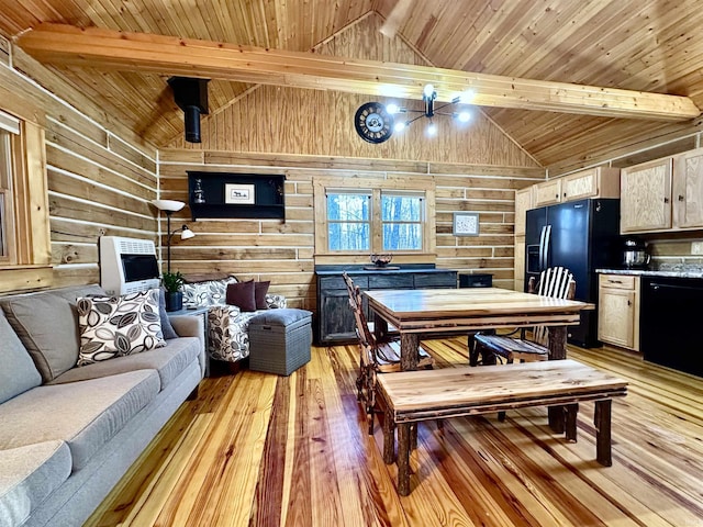 dining area featuring vaulted ceiling with beams, light wood finished floors, wood ceiling, and wood walls