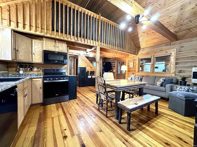 kitchen with dishwasher, wooden walls, black microwave, and range with electric cooktop