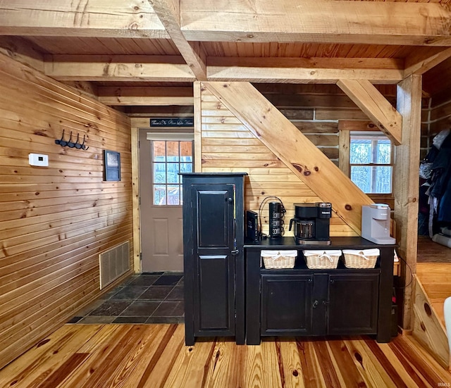 kitchen with beam ceiling, visible vents, wood walls, and wood finished floors