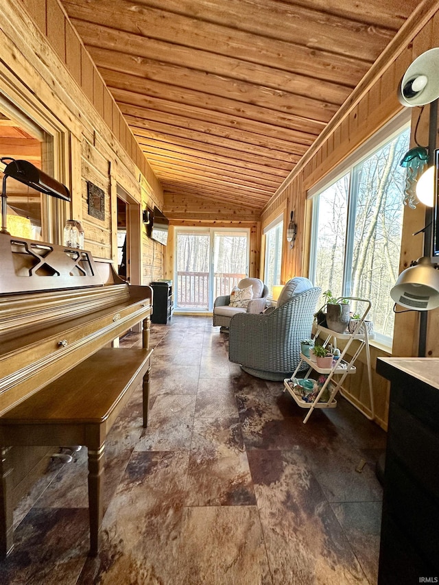 miscellaneous room with wooden walls and wooden ceiling