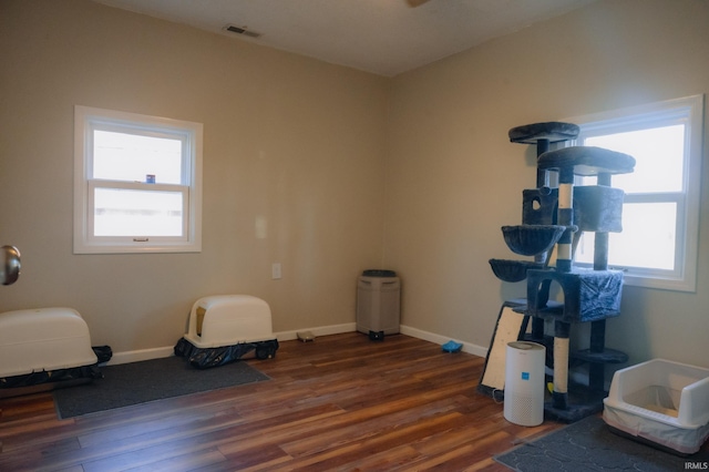 misc room with visible vents, a healthy amount of sunlight, baseboards, and wood finished floors