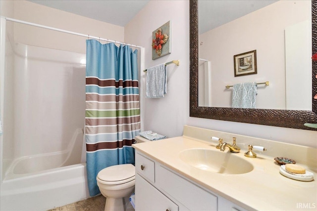 full bath with toilet, vanity, and shower / bath combination with curtain