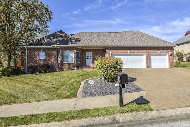 single story home featuring a front lawn, roof with shingles, concrete driveway, an attached garage, and brick siding