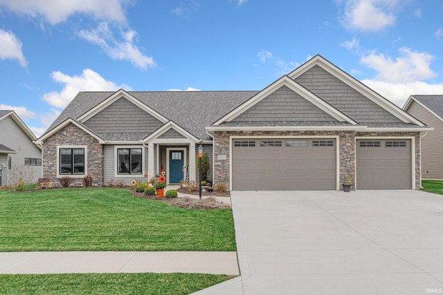 craftsman-style home with a front lawn, stone siding, concrete driveway, an attached garage, and a shingled roof