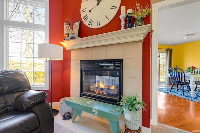 details featuring a tile fireplace and wood finished floors