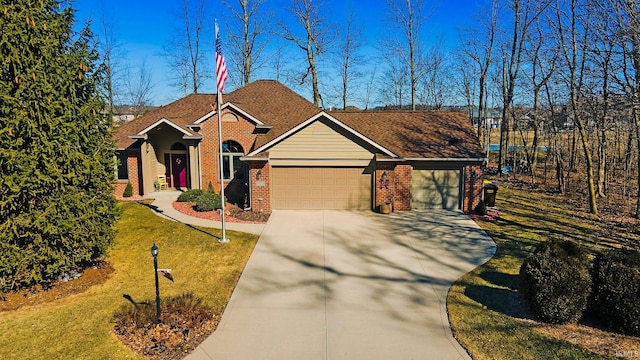 view of front of home featuring brick siding, concrete driveway, roof with shingles, a front yard, and a garage