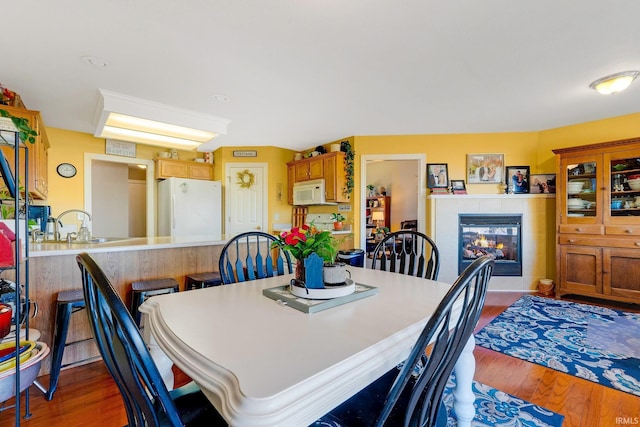 dining space featuring a fireplace and dark wood-style flooring