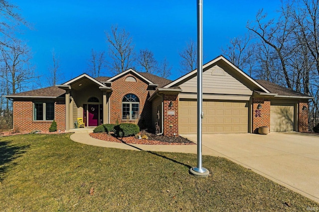 single story home with a front yard, brick siding, a garage, and driveway