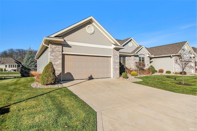 single story home with brick siding, a garage, driveway, and a front lawn