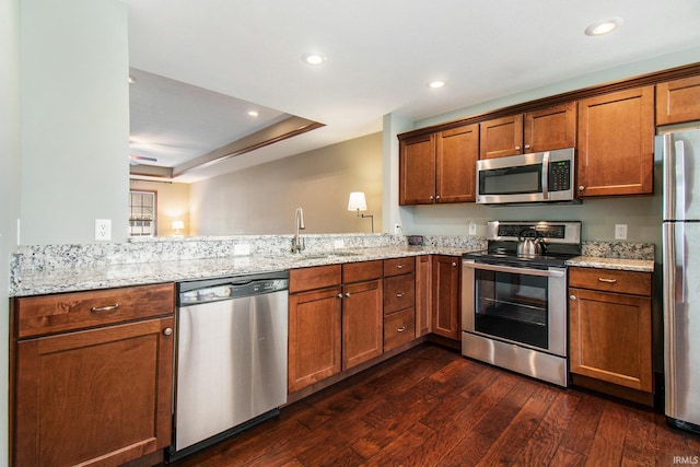 kitchen with a sink, light stone countertops, dark wood-type flooring, and appliances with stainless steel finishes