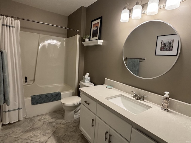 full bath featuring vanity, toilet, and shower / tub combo