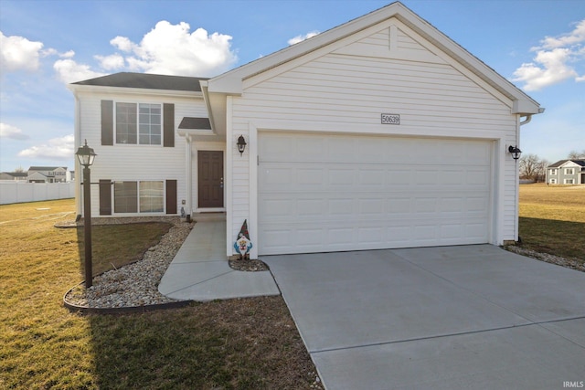 view of front facade featuring a garage, concrete driveway, a front yard, and fence