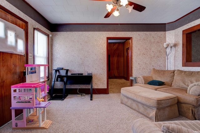 12228 Indiana St, Leopold, IN 47551 - carpeted living area featuring a ceiling fan and crown molding