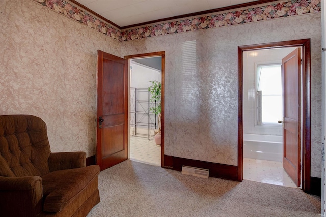 12228 Indiana St, Leopold, IN 47551 - sitting room featuring wallpapered walls, carpet floors, and ornamental molding