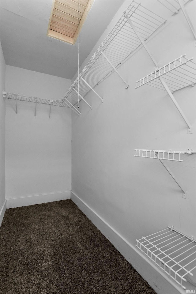 walk in closet featuring dark carpet