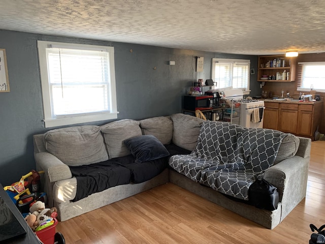 living area featuring a textured ceiling and light wood finished floors