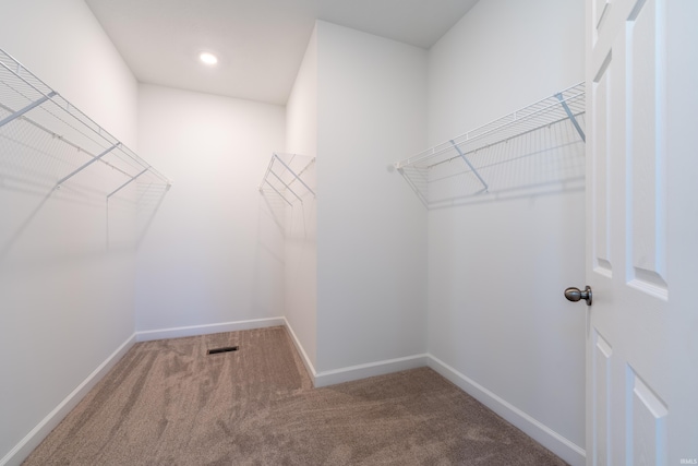 spacious closet featuring visible vents and carpet floors