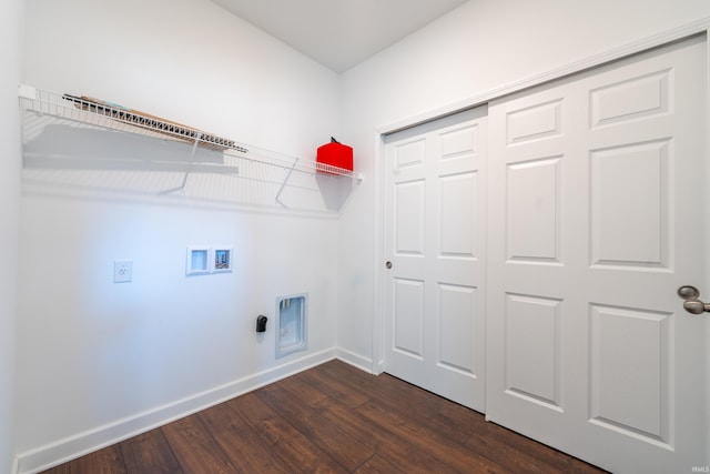 laundry area with dark wood finished floors, laundry area, hookup for a washing machine, and baseboards