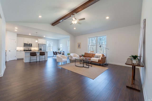 living room with vaulted ceiling with beams, baseboards, ceiling fan, recessed lighting, and dark wood-style floors