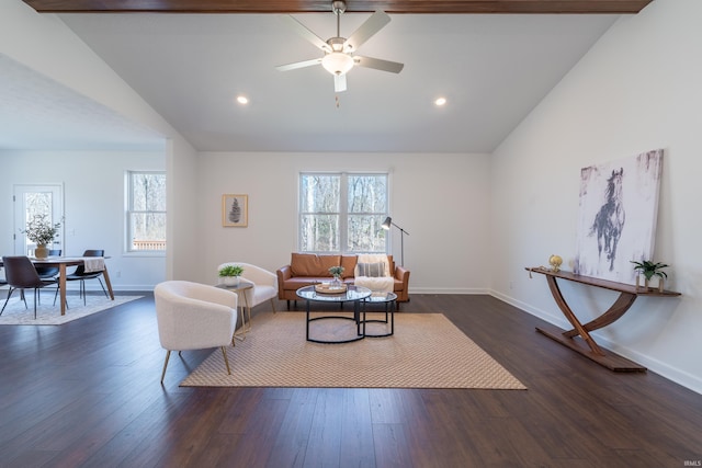 living area featuring ceiling fan, baseboards, lofted ceiling, recessed lighting, and dark wood-style floors