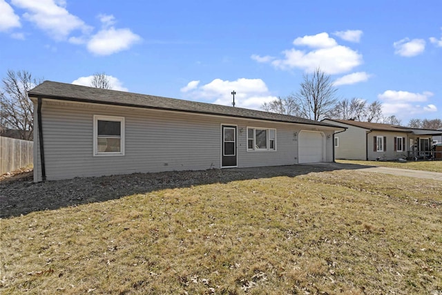 single story home with an attached garage, concrete driveway, a front yard, and fence