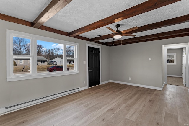 empty room with baseboards, beam ceiling, baseboard heating, light wood-style flooring, and a textured ceiling