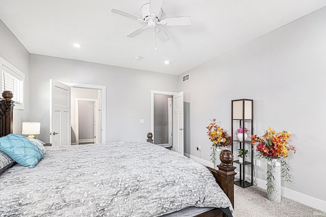 bedroom featuring carpet, baseboards, visible vents, and ceiling fan