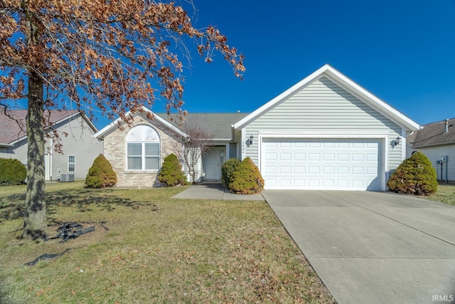 single story home featuring brick siding, an attached garage, driveway, and a front yard