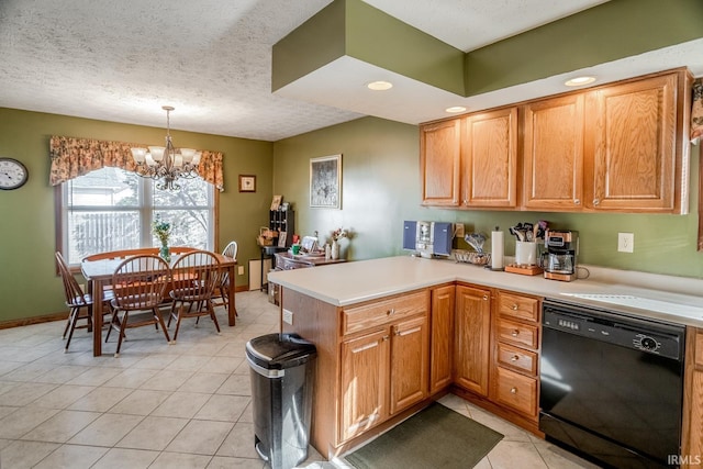 kitchen featuring a peninsula, an inviting chandelier, light countertops, light tile patterned floors, and dishwasher