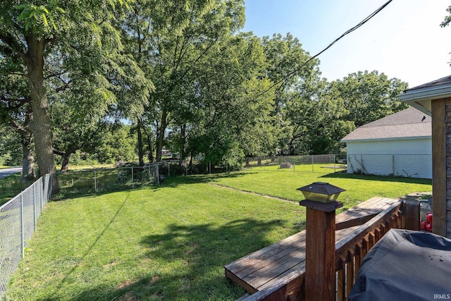 view of yard with a fenced backyard and a wooden deck