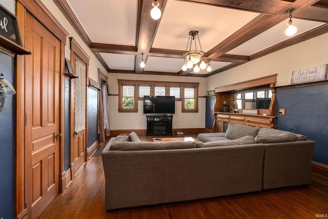 living room with beamed ceiling, ornamental molding, coffered ceiling, baseboards, and dark wood-style flooring