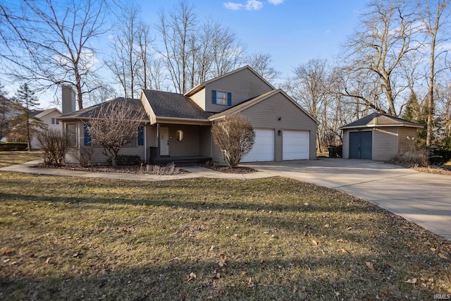 traditional-style home with a front lawn, an attached garage, driveway, and a chimney