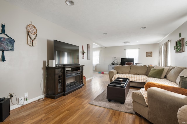 living area featuring baseboards and wood finished floors