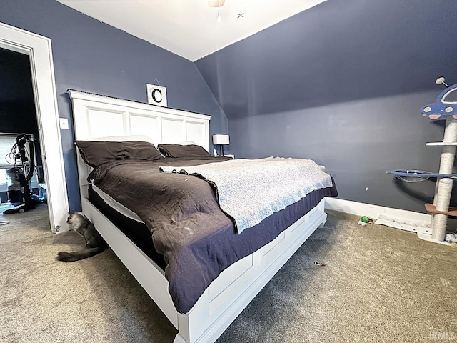 carpeted bedroom with lofted ceiling