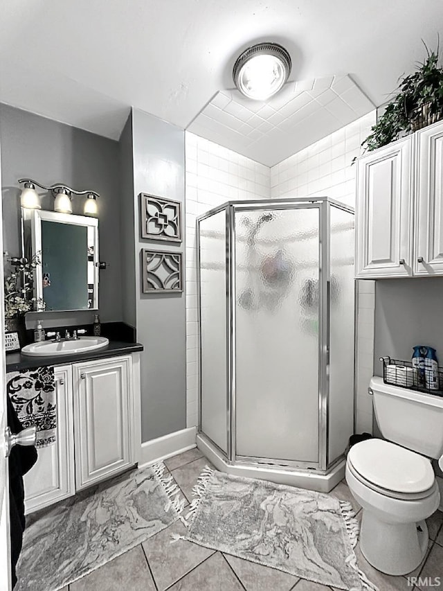 full bath with toilet, a stall shower, and vanity