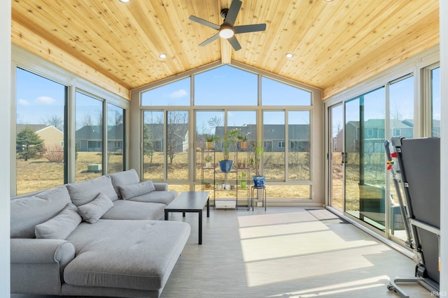 sunroom featuring wooden ceiling, lofted ceiling, and a ceiling fan