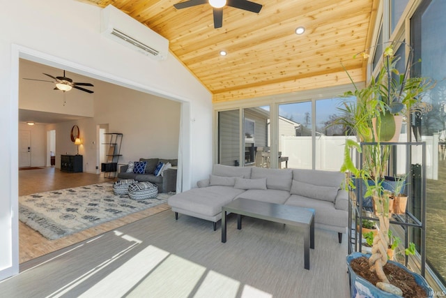 exterior space with wood ceiling, an AC wall unit, a ceiling fan, and vaulted ceiling