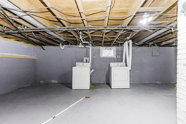 below grade area featuring washer and clothes dryer and electric panel