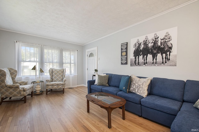 living area with baseboards, light wood-style floors, crown molding, and a textured ceiling