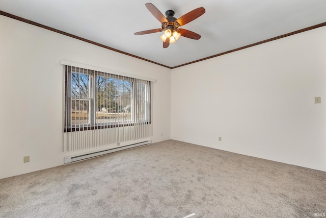 unfurnished room featuring a baseboard radiator, carpet, ornamental molding, and a ceiling fan