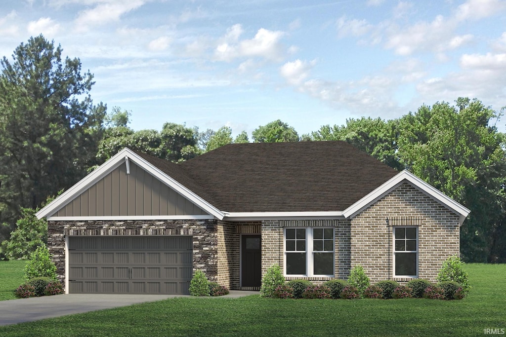 ranch-style house featuring driveway, a front lawn, roof with shingles, an attached garage, and brick siding