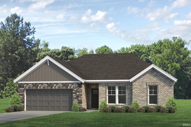 ranch-style house featuring driveway, a front lawn, roof with shingles, an attached garage, and brick siding