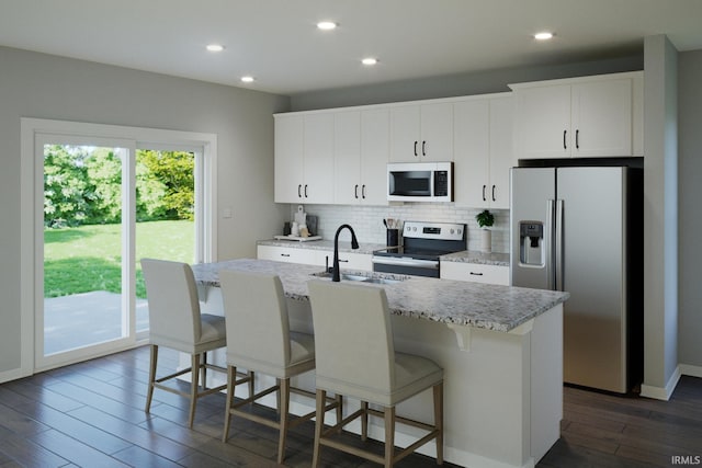 kitchen featuring dark wood-style floors, a kitchen island with sink, a sink, stainless steel appliances, and backsplash