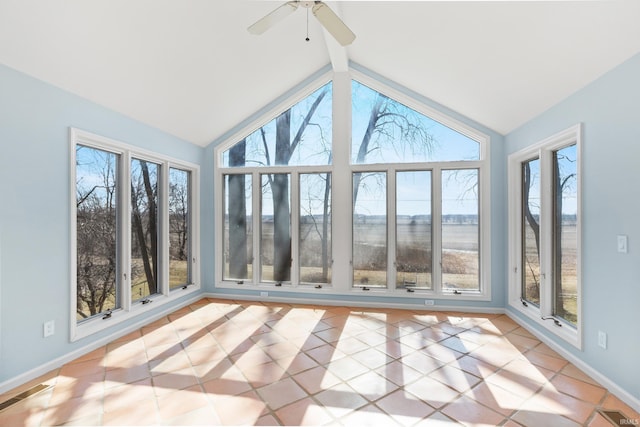 unfurnished sunroom featuring vaulted ceiling with beams, a ceiling fan, and visible vents