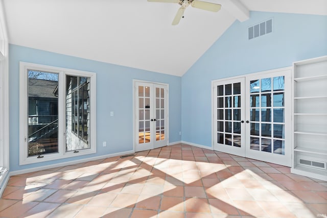 unfurnished sunroom featuring visible vents, french doors, vaulted ceiling with beams, and a ceiling fan