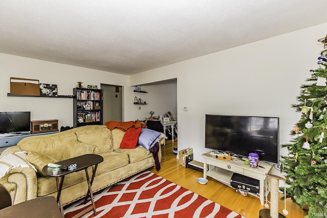 living area featuring a textured ceiling and wood finished floors